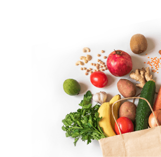 Delivery healthy food background  Vegan vegetarian food in paper bag vegetables and fruits, nuts and grains on white, copy space, banner Grocery shopping food supermarket and clean eating concept 