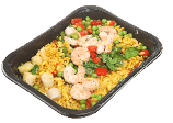 Tv dinner of paella with king prawns and scallops