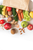 Delivery healthy food background  Vegan vegetarian food in paper bag vegetables and fruits, nuts and grains on white, copy space, banner Grocery shopping food supermarket and clean eating concept 