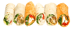 Wrap sandwiches arranged in a row 