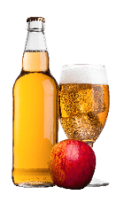 Bottle and glass and ice cubes of apple cider with fresh red apple on white background