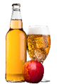 Bottle and glass and ice cubes of apple cider with fresh red apple on white background
