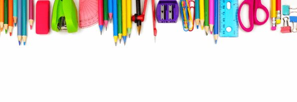 School supplies long bottom border  Top view isolated on a white background  Back to school concept 