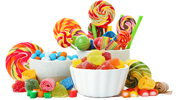 Composition with many different yummy candies on white background