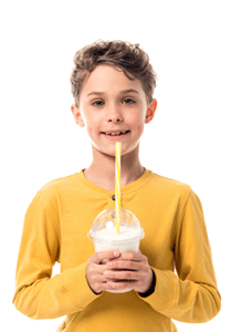 front view of happy kid holding milkshake isolated on white