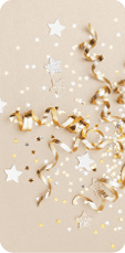 Celebration background with golden champagne bottle, confetti stars and party streamers  Christmas, birthday or wedding concept  Flat lay 