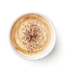 Set of paper take away cups of different coffee latte or cappuccino isolated on white background, top view
