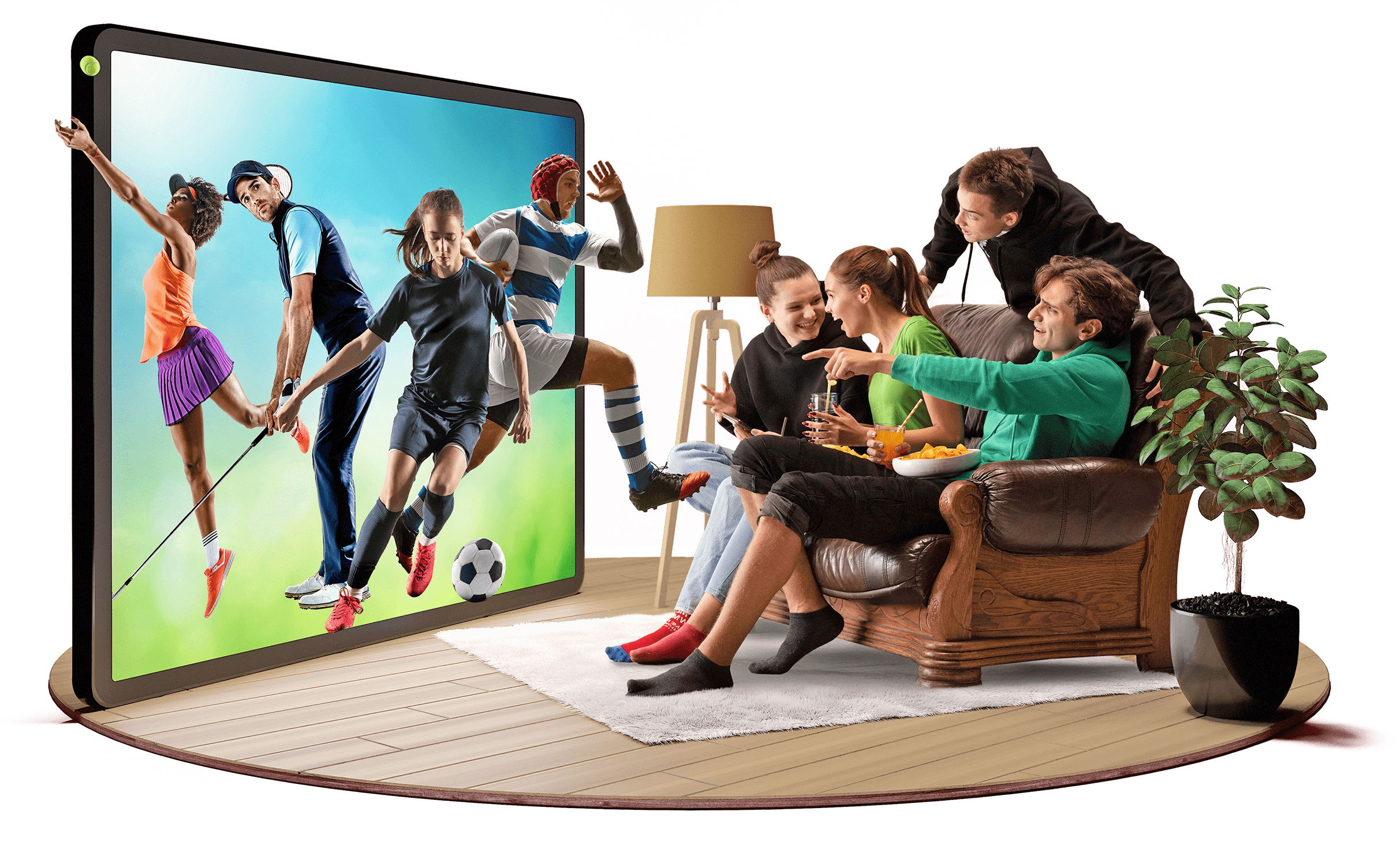Happy young people, emotional friends watching football match, sport show. Youth sitting on sofa in front of huge 3D model of tv screen. Concept of sport, leisure activities, betting, ad