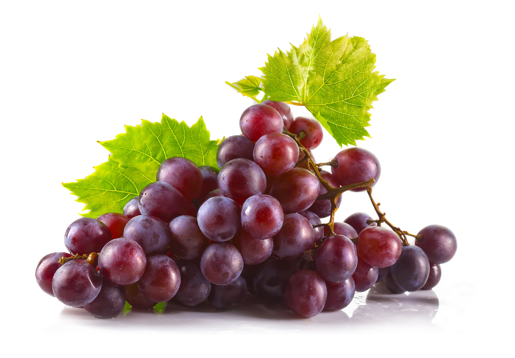 Bunch of ripe red grapes with leaves isolated on white background